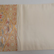 Load image into Gallery viewer, 袋帯 正絹 金糸 ゴールド系 菱型に華文様 金色x多色 六通柄 フォーマル 礼装 長さ464cm