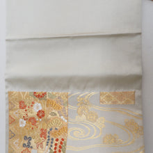 Load image into Gallery viewer, 袋帯 正絹 金糸銀糸 ゴールドxシルバーx多色 流水に切嵌紋様 六通柄 フォーマル 礼装 長さ432cm