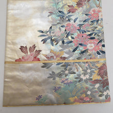 Load image into Gallery viewer, 袋帯 正絹 金糸銀糸 パステル系 花々文様 緑色xピンク色 刺繍入り 六通柄 フォーマル 礼装 長さ440cm