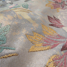 Load image into Gallery viewer, 袋帯 正絹 金糸銀糸 パステル系 花々文様 緑色xピンク色 刺繍入り 六通柄 フォーマル 礼装 長さ440cm
