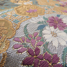 Load image into Gallery viewer, 袋帯 正絹 金糸 グレーxゴールドx薄紫色 パステル系 オリエンタル調 華文様 六通柄 フォーマル 礼装 長さ448cm