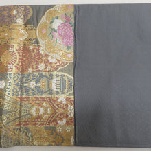 Load image into Gallery viewer, 袋帯 正絹 金糸 グレーxゴールドx薄紫色 パステル系 オリエンタル調 華文様 六通柄 フォーマル 礼装 長さ448cm