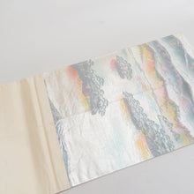 Load image into Gallery viewer, 袋帯 正絹 金糸銀糸 シルバー系 パステル系 薄ピンク色x薄緑色xシルバー 国際公園松島文様 風景文様 六通柄 フォーマル 礼装 長さ432cm