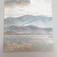 Load image into Gallery viewer, 袋帯 正絹 金糸銀糸 シルバー系 パステル系 薄ピンク色x薄緑色xシルバー 国際公園松島文様 風景文様 六通柄 フォーマル 礼装 長さ432cm