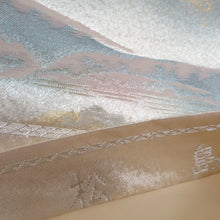 Load image into Gallery viewer, 袋帯 正絹 金糸銀糸 シルバー系 パステル系 薄ピンク色x薄緑色xシルバー 国際公園松島文様 風景文様 六通柄 フォーマル 礼装 長さ432cm