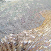 Load image into Gallery viewer, 袋帯 正絹 金糸銀糸 シルバー系 パステル系 薄ピンク色x薄緑色xシルバー 国際公園松島文様 風景文様 六通柄 フォーマル 礼装 長さ432cm