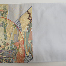 Load image into Gallery viewer, 袋帯 正絹 金糸銀糸 本金箔グレーxゴールドx多色 扇子文様 六通柄 フォーマル 礼装 長さ440cm