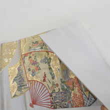 Load image into Gallery viewer, 袋帯 正絹 金糸銀糸 本金箔グレーxゴールドx多色 扇子文様 六通柄 フォーマル 礼装 長さ440cm