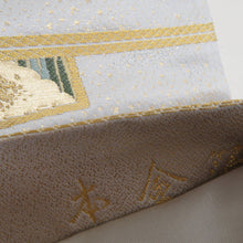 Load image into Gallery viewer, 袋帯 正絹 金糸銀糸 本金箔グレーxゴールドx多色 扇子文様 六通柄 フォーマル 礼装 長さ440cm