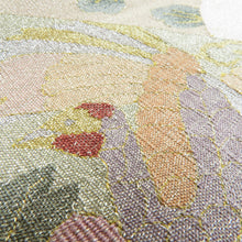 Load image into Gallery viewer, 袋帯 正絹 つづれ織り 金糸 地紙花鳥文様 ベージュ色x金色x多色 お太鼓柄 フォーマル 礼装 長さ440cm