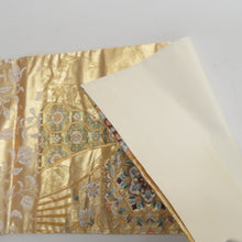 画像をギャラリービューアに読み込む, 袋帯 正絹 金糸 唐草花に華紋文様 金色x緑色x紫色 六通柄 フォーマル 礼装 長さ440cm