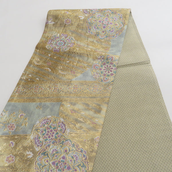 袋帯 正絹 金糸 華紋に鳥文様 緑色ｘ金色ｘ紫色 六通柄 フォーマル 礼装 長さ430cm【中古】 【キモノオフ野々市若松店】 袋帯 正絹 金糸 華紋に鳥文様 緑色x金色x紫色 六通柄 フォーマル