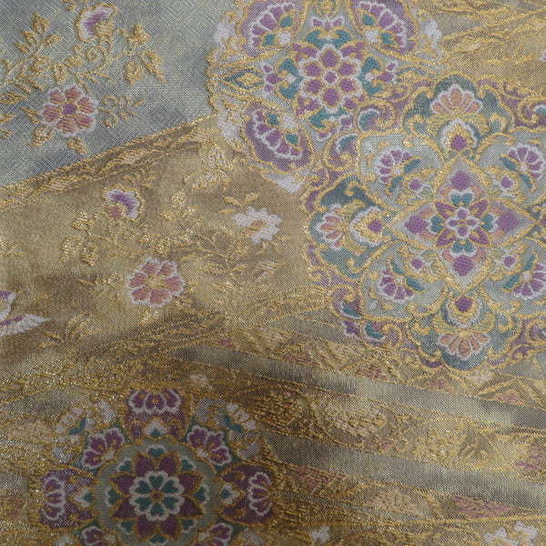 袋帯 正絹 金糸 華紋に鳥文様 緑色x金色x紫色 六通柄 フォーマル