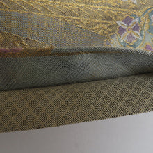 Load image into Gallery viewer, 袋帯 正絹 金糸 華紋に鳥文様 緑色x金色x紫色 六通柄 フォーマル 礼装 長さ430cm