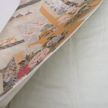 Load image into Gallery viewer, 袋帯 正絹 金糸 ベージュ色x金色x緑色x多色 菱型に四季花文様 六通柄 フォーマル 礼装 長さ448cm