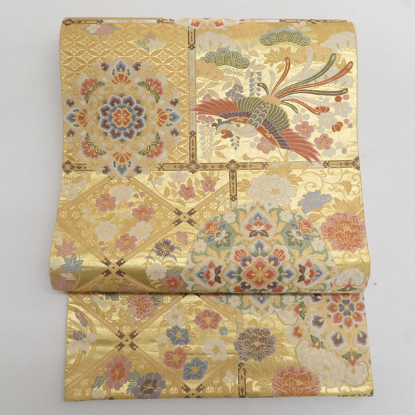 袋帯 正絹 金糸 金色x緑色x多色 鳳凰に華文紋様 六通柄 フォーマル