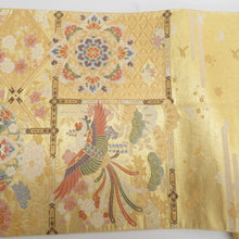 Load image into Gallery viewer, 袋帯 正絹 金糸 金色x緑色x多色 鳳凰に華文紋様 六通柄 フォーマル 礼装 長さ440cm