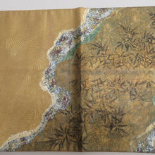 Load image into Gallery viewer, 袋帯 正絹 全金箔 道長取文様 金色x緑色 お太鼓柄 フォーマル 礼装 長さ425cm