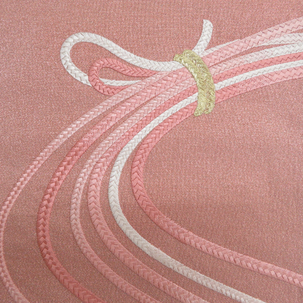 袋帯 正絹 綴れ織り ピンク色 お太鼓柄 紐文様 フォーマル 礼装 長さ448cm【中古】 【キモノオフ野々市若松店】 袋帯 正絹 綴れ織り ピンク色 お太鼓柄 紐文様 フォーマル 礼装 長さ