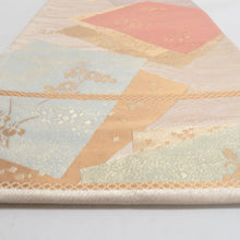 Load image into Gallery viewer, 袋帯 正絹 金糸 色紙文様 ベージュ色x金色x多色 パステル系 六通柄 フォーマル 礼装 長さ430cm