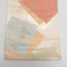 Load image into Gallery viewer, 袋帯 正絹 金糸 色紙文様 ベージュ色x金色x多色 パステル系 六通柄 フォーマル 礼装 長さ430cm