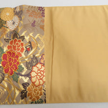 Load image into Gallery viewer, 袋帯 西陣織 王朝華 引き箔 正絹 金糸 季節の花々文様 金色x多色 ゴールド系 六通柄 フォーマル 未仕立て 礼装 長さ450cm
