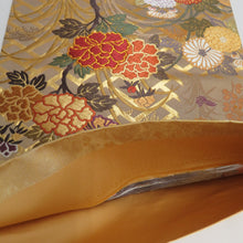 Load image into Gallery viewer, 袋帯 西陣織 王朝華 引き箔 正絹 金糸 季節の花々文様 金色x多色 ゴールド系 六通柄 フォーマル 未仕立て 礼装 長さ450cm