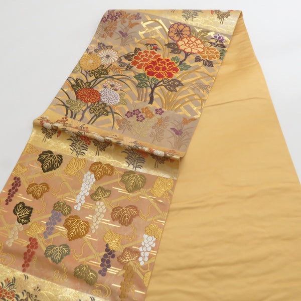 袋帯 西陣織 王朝華 引き箔 正絹 金糸 季節の花々文様 金色x多色 