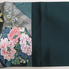 Load image into Gallery viewer, 袋帯 正絹 銀糸 ターコイズブルーxピンク色x銀色 六角に花々文様 引き箔 六通柄 フォーマル 礼装 長さ440cm