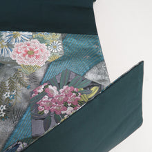 Load image into Gallery viewer, 袋帯 正絹 銀糸 ターコイズブルーxピンク色x銀色 六角に花々文様 引き箔 六通柄 フォーマル 礼装 長さ440cm