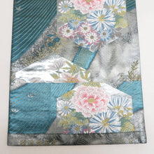 Load image into Gallery viewer, 袋帯 正絹 銀糸 ターコイズブルーxピンク色x銀色 六角に花々文様 引き箔 六通柄 フォーマル 礼装 長さ440cm