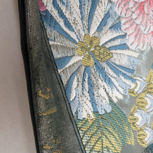 Load image into Gallery viewer, 袋帯 正絹 銀糸 ターコイズブルーxピンク色x銀色 六角に花々文様 引き箔 六通柄 フォーマル 礼装 長さ440cm