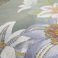 Load image into Gallery viewer, 袋帯 正絹 銀糸 ターコイズブルーxピンク色x銀色 六角に花々文様 引き箔 六通柄 フォーマル 礼装 長さ440cm