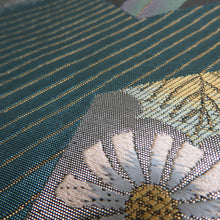 Load image into Gallery viewer, 袋帯 正絹 銀糸 ターコイズブルーxピンク色x銀色 六角に花々文様 引き箔 六通柄 フォーマル 礼装 長さ440cm