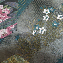Load image into Gallery viewer, 袋帯 正絹 銀糸 ターコイズブルーxピンク色x銀色 六角に花々文様 引き箔 六通柄 フォーマル 礼装 長さ440cm