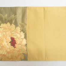 Load image into Gallery viewer, 袋帯 正絹 金糸 牡丹文様 黄緑色x金色 六通柄 フォーマル 礼装 長さ424cm