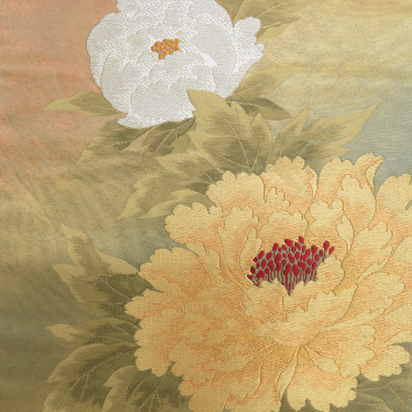 袋帯 正絹 金糸 牡丹文様 黄緑色x金色 六通柄 フォーマル 礼装 長さ