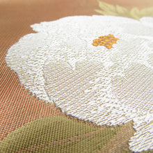 Load image into Gallery viewer, 袋帯 正絹 金糸 牡丹文様 黄緑色x金色 六通柄 フォーマル 礼装 長さ424cm