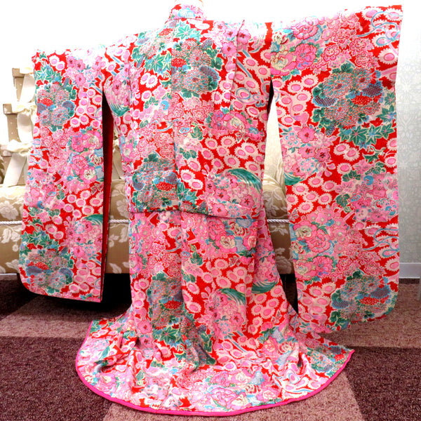 子供着物 アンティーク 昔 赤 白 ピンク 水色 緑 ベージュ 花々 花玉 女児用 四つ身 総柄 レトロ 上げあり 【中古】 【キモノオフ野々市若松店】 子供着物 アンティーク 昔 赤 白 ピンク 水色 緑 ベージュ 花々 花玉