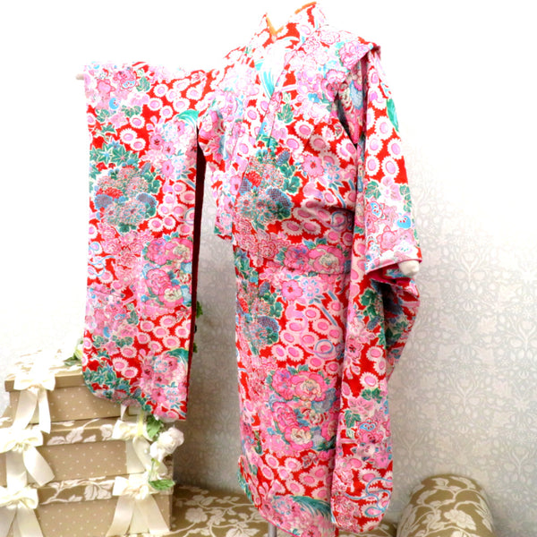 子供着物 アンティーク 昔 赤 白 ピンク 水色 緑 ベージュ 花々 花玉 子供着物 アンティーク 昔 赤 白 ピンク 水色 緑 ベージュ 花々 花玉