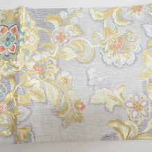 Load image into Gallery viewer, 袋帯 正絹 金糸銀糸 唐草花文様 金色x多色 パステル系 六通柄 フォーマル 礼装 長さ432cm