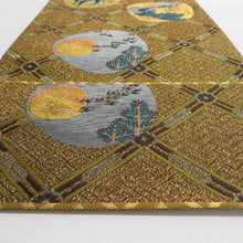 Load image into Gallery viewer, 袋帯 正絹 金糸銀糸 丸に鹿と風景文様 金色x緑色 六通柄 フォーマル 礼装 長さ440cm