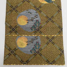 Load image into Gallery viewer, 袋帯 正絹 金糸銀糸 丸に鹿と風景文様 金色x緑色 六通柄 フォーマル 礼装 長さ440cm