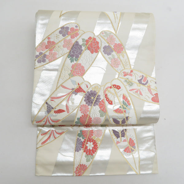 袋帯 正絹 金糸銀糸 竹に吉祥文様 白色ｘ多色 六通柄 フォーマル 礼装 長さ440cm【中古】 【キモノオフ野々市若松店】 袋帯 正絹 金糸銀糸 竹に吉祥文様 白色x多色 六通柄 フォーマル 礼装