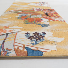 Load image into Gallery viewer, 袋帯 正絹 綴れ織り 金糸 金色x白色x多色 平安文様 百人一首文様 六通柄 フォーマル 礼装 長さ432cm