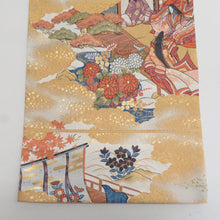 Load image into Gallery viewer, 袋帯 正絹 綴れ織り 金糸 金色x白色x多色 平安文様 百人一首文様 六通柄 フォーマル 礼装 長さ432cm