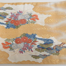 Load image into Gallery viewer, 袋帯 正絹 綴れ織り 金糸 金色x白色x多色 平安文様 百人一首文様 六通柄 フォーマル 礼装 長さ432cm