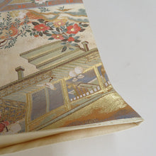 Load image into Gallery viewer, 袋帯 正絹 平安風景文様 金色xピンク色xベージュ色 金糸 ゴールド系 六通柄 フォーマル 礼装 長さ440cm