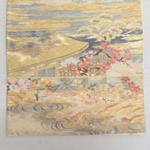 Load image into Gallery viewer, 袋帯 正絹 平安風景文様 金色xピンク色xベージュ色 金糸 ゴールド系 六通柄 フォーマル 礼装 長さ440cm