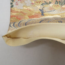 Load image into Gallery viewer, 袋帯 正絹 平安風景文様 金色xピンク色xベージュ色 金糸 ゴールド系 六通柄 フォーマル 礼装 長さ440cm